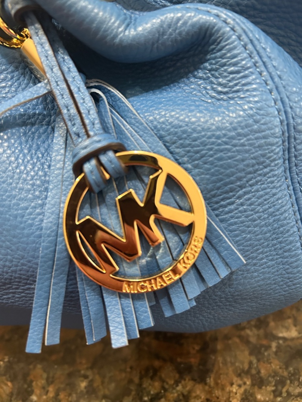 Michael Kors Light Blue Pebbled Leather Drawstring Hobo with Tassel - Picture 2 of 2